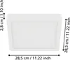 A white square LED ceiling light with dimensions indicated by measurement lines and text. Voir les images du produit