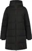 A black puffer jacket is shown front-on against a white background.