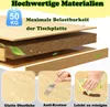 Diagram showing the layered construction of a tabletop, with inset images demonstrating surface features and cleaning. Náhled obrázku produktu
