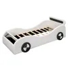 A white car-shaped bed with black and white wheels against a white background. Náhľad obrázku produktu