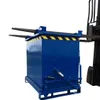 A blue industrial bin with yellow and black hazard stripes on top, being lifted by a forklift. Produktbild-Vorschau