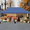 An outdoor market stall with a blue canopy, selling fruits, vegetables, and flowers. People are browsing and interacting. Podgląd zdjęcia produktu