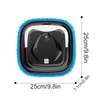 A top-down view of a square-shaped robot vacuum cleaner with a blue microfiber cleaning pad attached. Produktbild-Vorschau