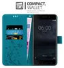 A teal wallet-style phone case with a Nokia 6.1 phone inserted, showing card slots and currency. Náhled obrázku produktu
