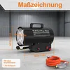A gas heater with dimensions and accessories shown in a warehouse-like setting. Produktbild-Vorschau
