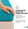 A hand is shown pressing down on a turquoise fitted sheet, which is placed on a beige mattress or box spring. Produktbild-Vorschau