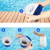 A collage of four images showing the steps to use a pool skimmer basket with a filter bag. Produktbild-Vorschau