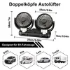 A collage showing a dual-headed car fan with dimensions and examples of vehicles it is suitable for. Produktbild-Vorschau
