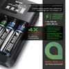 A close-up view of a battery charger with several AA and AAA batteries inserted, along with marketing text and graphics highlighting its features. Anteprima dell’immagine prodotto