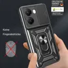 A hand is holding a black smartphone case with a ring holder and camera cover. Produktbild-Vorschau