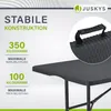 A close-up view of a black foldable table and bench set, highlighting its construction and weight capacity. Produktbild-Vorschau