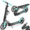A scooter is shown in two configurations: unfolded and folded. A carrying strap is also visible. Produktbild-Vorschau