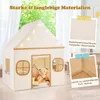 A children's play tent with decorative lights and stuffed toys inside, set against a backdrop of curtains and natural light. Inset images highlight material and construction details. Náhled obrázku produktu