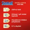 Marketing image for Somat Excellence Duo Gel dishwasher detergent, highlighting key features with icons and text. Podgląd zdjęcia produktu