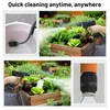 Collage of images showing a portable high-pressure cleaner being used for car washing and garden watering, with close-ups of its components. Produktbild-Vorschau