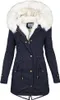 A navy blue winter parka with a white fur-lined hood is displayed front-on against a white background. Produktbild-Vorschau