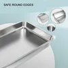 A close-up of a stainless steel tray with magnified insets showing the rounded edges. Produktbild-Vorschau