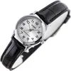 A close-up studio shot of a women's wristwatch with a black leather strap and a silver dial. Anteprima dell’immagine prodotto