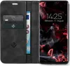 A black flip case for a smartphone, showing the inside with card slots and a banknote, and the phone screen displaying the time and date. Produktbild-Vorschau