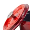 A close-up shot of a red cast iron pot lid, slightly ajar, revealing the dark interior of the pot. Produktbild-Vorschau