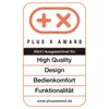 A marketing badge for the Plus X Award, indicating awards for High Quality, Design, Bedienkomfort (Ease of Use), and Funktionalität (Functionality) in 2024. Produktbild-Vorschau