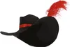 A black musketeer-style hat with a red ribbon and a red feather. Produktbild-Vorschau