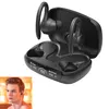 A pair of black wireless earbuds in an open charging case, with a small inset image of a young man wearing one earbud. Produktbild-Vorschau