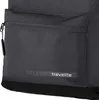 A close-up view of a dark gray backpack, showing a zippered pocket and the brand logo. Produktbild-Vorschau