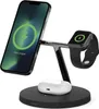 A black Belkin MagSafe 3-in-1 wireless charger with a black iPhone, a black Apple Watch, and white AirPods Pro charging case. Podgląd zdjęcia produktu