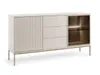 A modern, light-colored sideboard with a fluted door, three drawers, and a glass-fronted cabinet with LED lighting. Produktbild-Vorschau