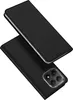 A black flip phone case is shown from a diagonal angle, with the cover open to reveal the phone inside. Produktbild-Vorschau