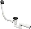 A white bathtub drain and overflow assembly with a flexible hose and black caps. Náhled obrázku produktu
