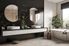A modern bathroom with a double vanity, bathtub, and large window. Produktbild-Vorschau