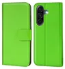 A bright green book-style phone case is shown from the front and side. Produktbild-Vorschau
