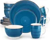 A set of blue ceramic dishes, including plates, bowls, and mugs, arranged in a studio setting. Náhled obrázku produktu