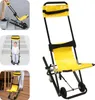 Collage of images showing a yellow transport stair chair being used on stairs and a close-up of the chair. Podgląd zdjęcia produktu