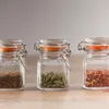 Three small Kilner spice jars with orange lids and metal clasps, each containing different spices, are arranged on a wooden surface against a light gray background. Anteprima dell’immagine prodotto