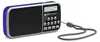 A digital radio with a blue casing and a black speaker grille, shown from a slightly elevated angle against a white background. It has a small screen displaying text and several buttons for operation. A grey wrist strap is attached to the side. Produktbild-Vorschau