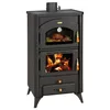 A black wood-burning stove with a glass oven door showing a roast chicken and a lower compartment with a fire burning. Voir les images du produit
