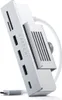 A silver Satechi USB-C hub is shown from a diagonal angle, attached to a clip. Produktbild-Vorschau