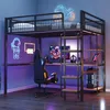 A loft bed with a desk and shelves underneath, set up in a gaming-themed room with neon lights. Náhled obrázku produktu