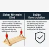 A wooden swing with ropes is shown, with text describing its safety and construction. Náhled obrázku produktu
