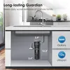 A kitchen sink area showing an under-sink water filter system with dimensions and capacity information. Anteprima dell’immagine prodotto