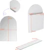 Diagrams showing the dimensions of a white arched mirror cabinet and a glass shelf. Náhled obrázku produktu