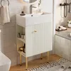 A bathroom vanity with a sink, cabinet, and open shelves, set against a wood-paneled wall. Podgląd zdjęcia produktu