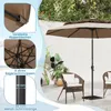 A patio scene with a large brown umbrella, chairs, and plants. Náhled obrázku produktu