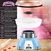 A collage showing a blue retro cotton candy machine with its components and accessories, along with a list of features. Produktbild-Vorschau