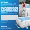 Marketing image for a Bestway Power Steel frame pool, showcasing its design and features with text descriptions and a lifestyle shot of a woman by the pool. Produktbild-Vorschau