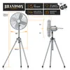 Product marketing image showing a stand fan with dimensions and feature callouts. Voir les images du produit