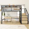 A loft bed with a desk and stairs, set up in a room with white curtains and a rug. Voir les images du produit